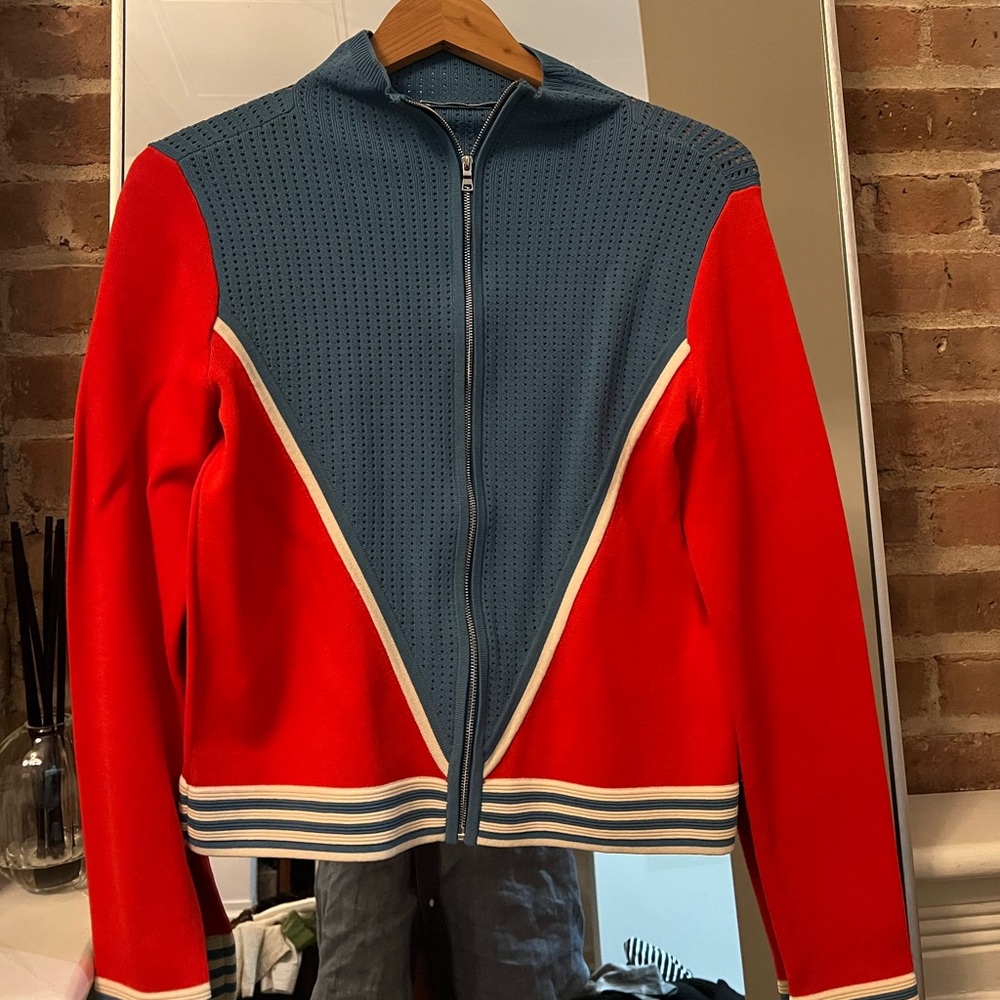 Sándro Paris ‘Aidan’ Red/Blue Perforated Zip Up Sweater - Picture 4 of 5